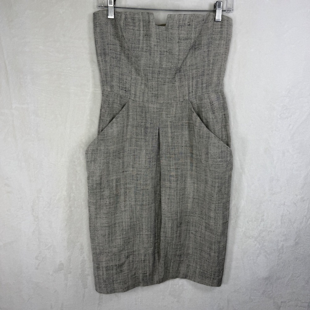 Akris Dress Women US 6 Gray Silk Linen Blend Strapless‎ Sheath Pocketed Designer